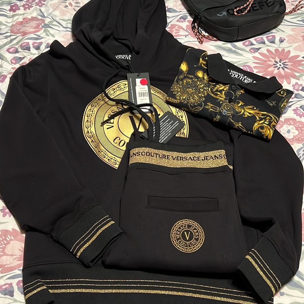 Versace Jeans Couture Black and Gold Hoodie and Joggers Set